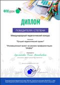 Диплом победителя 1 степени  международный педагогический конкурс номинация "Лучший педагогический проект"